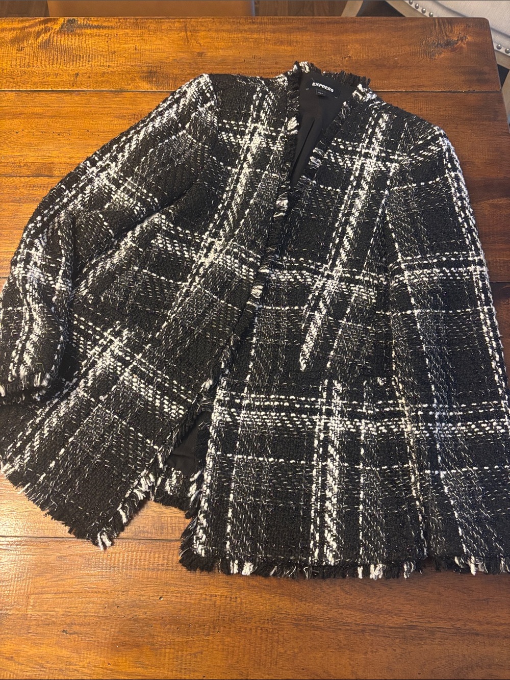 Express Black and White Plaid Tweed Fringe Jacket